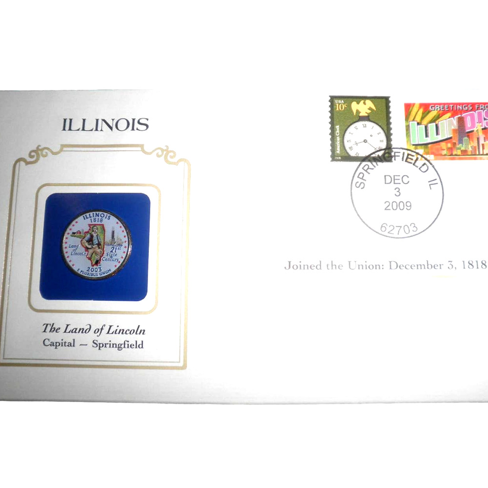 ILLINOIS COLORIZED QUARTER & FIRST DAY COVER BY POSTAL COMMEMORATIVE SOCIETY